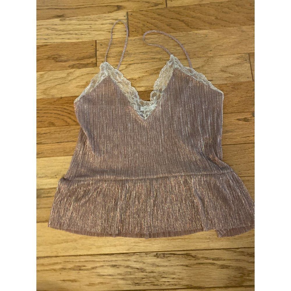Zara, women’s metallic pink v-neck laced hem, crinkled tank top size medium